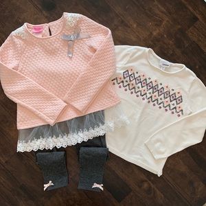 Girls Size 6 Blush Pink top and Gray legging Set + Cream sweater